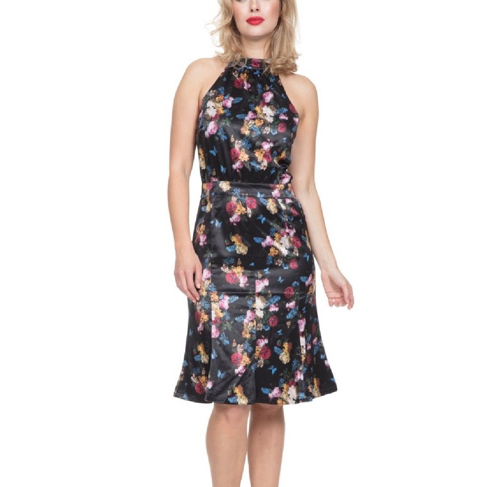 Voodoo Vixen Liana Floral Satin Halter Pinup Dress